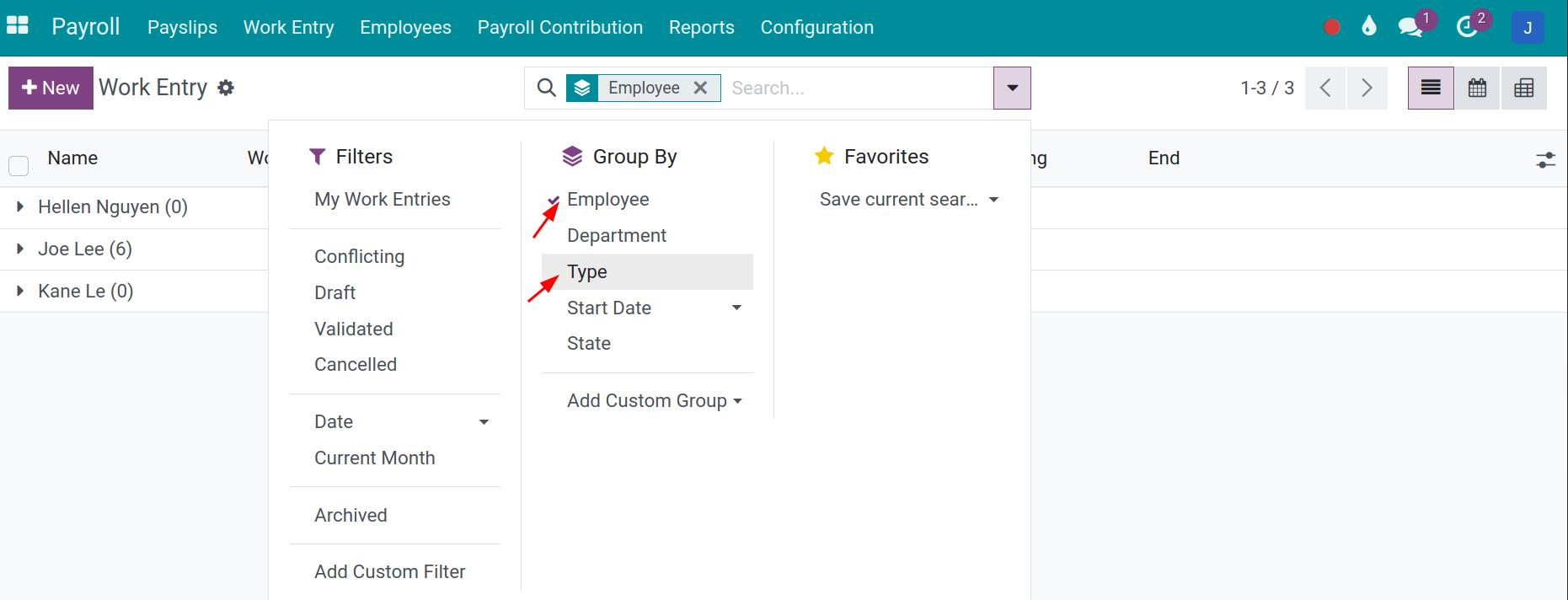 Filter of conflict work entries