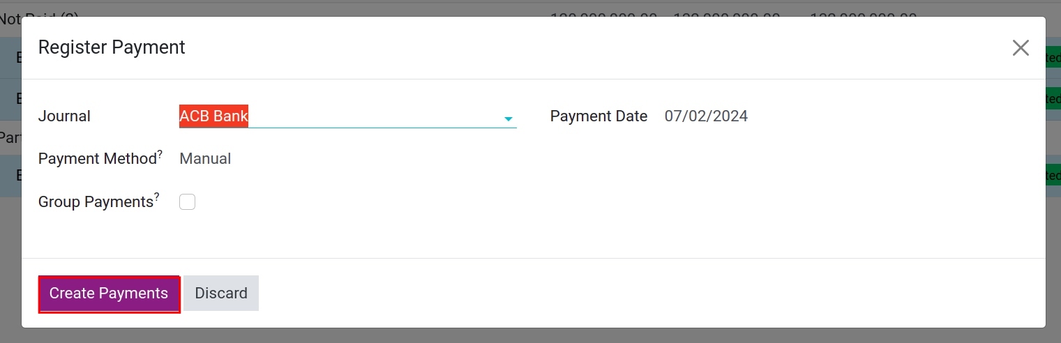 Register payments in the Viindoo Accounting app