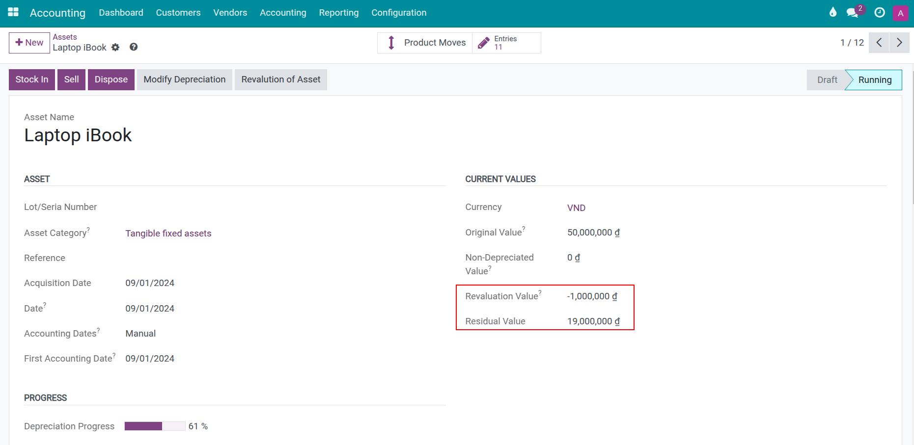 Asset revaluated value in Viindoo Accounting app