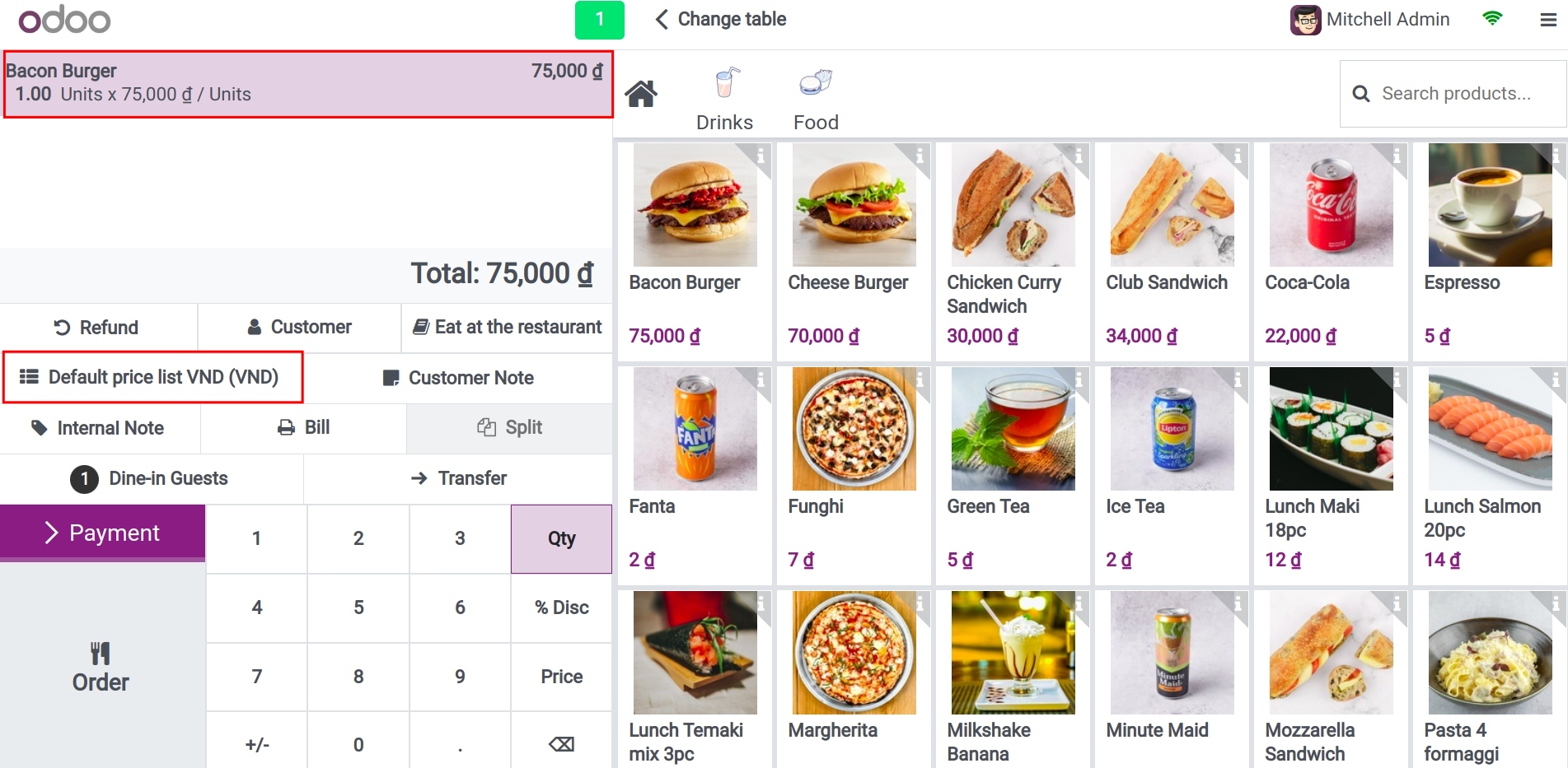 Sales session interface at POS in Viindoo