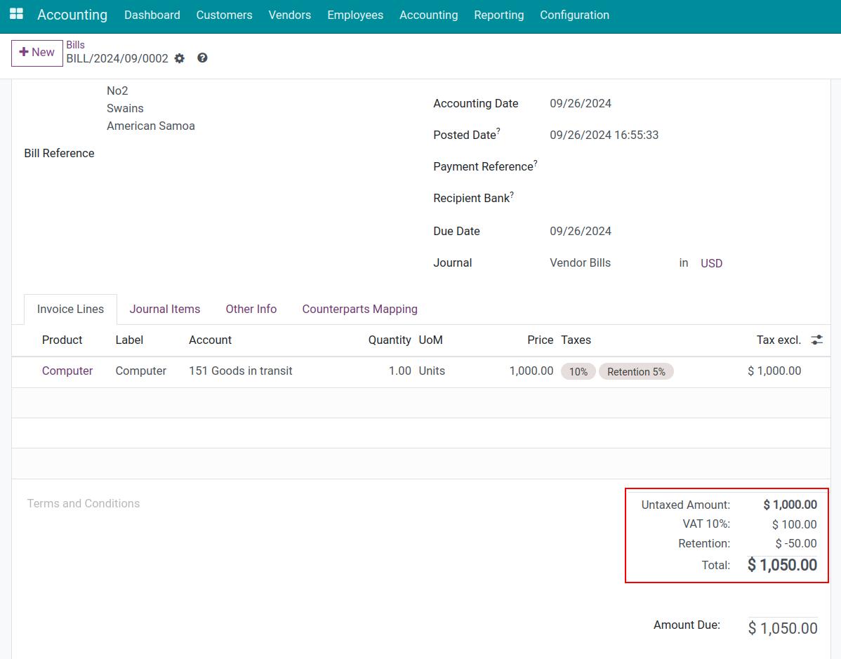 Retention taxes displayed on an invoice