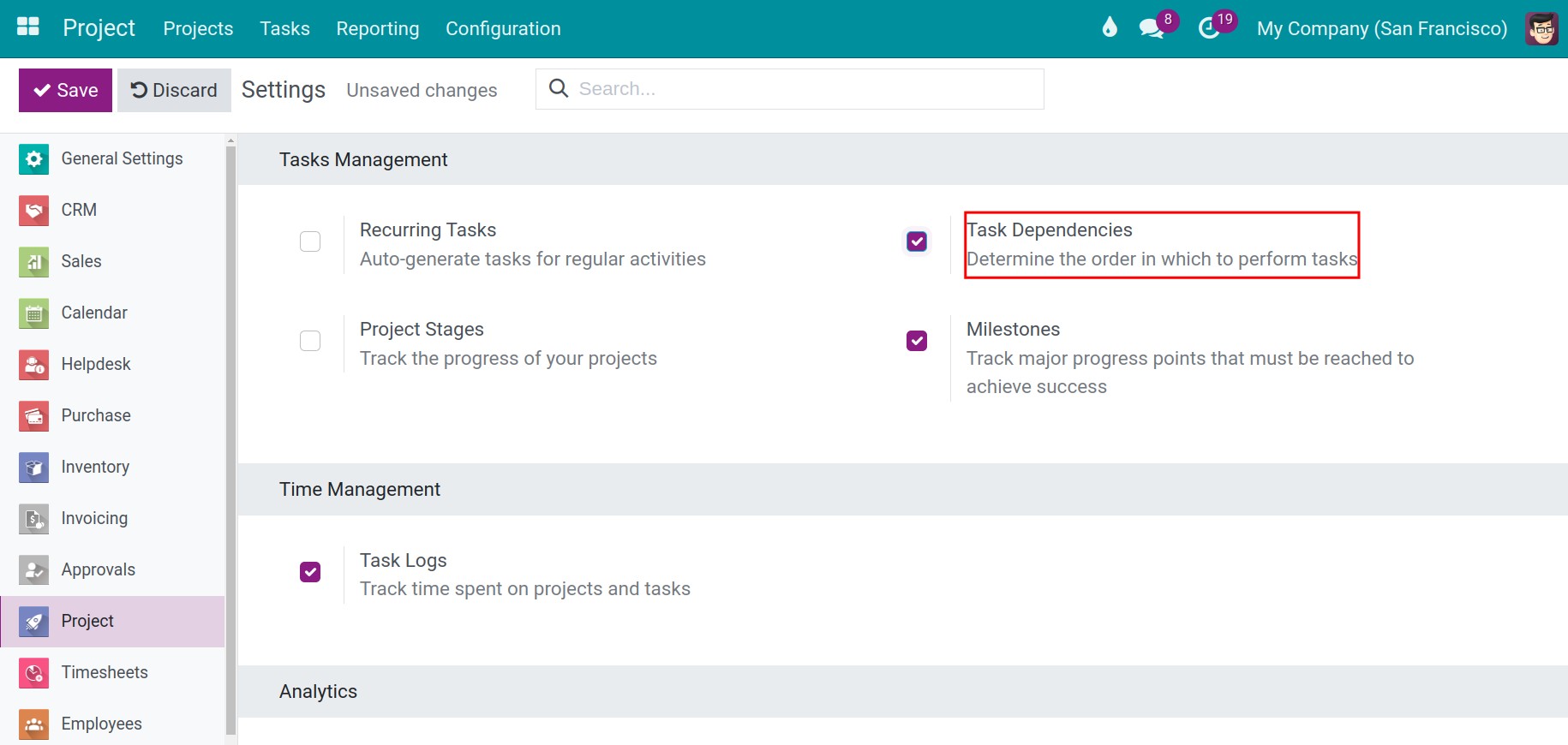 Enable the dependent task feature in Viindoo