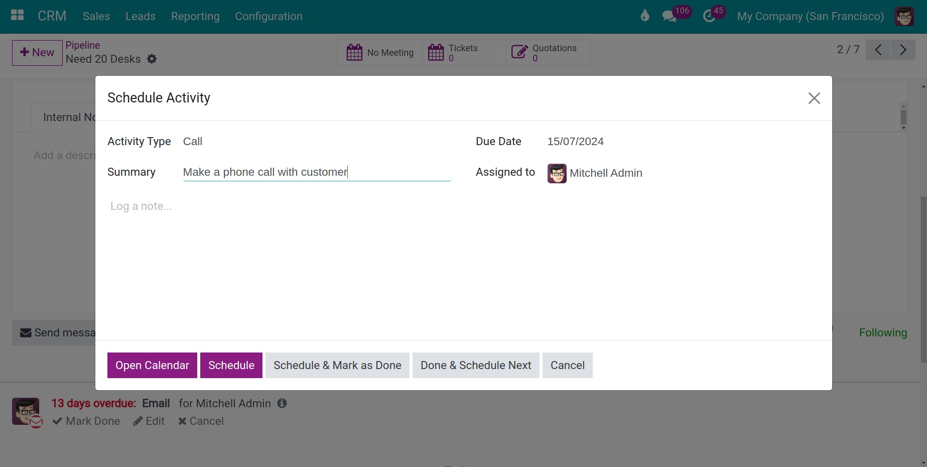 Activity scheduling details crm Viindoo