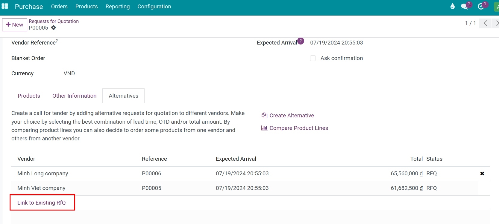 Link with another Request for quotation