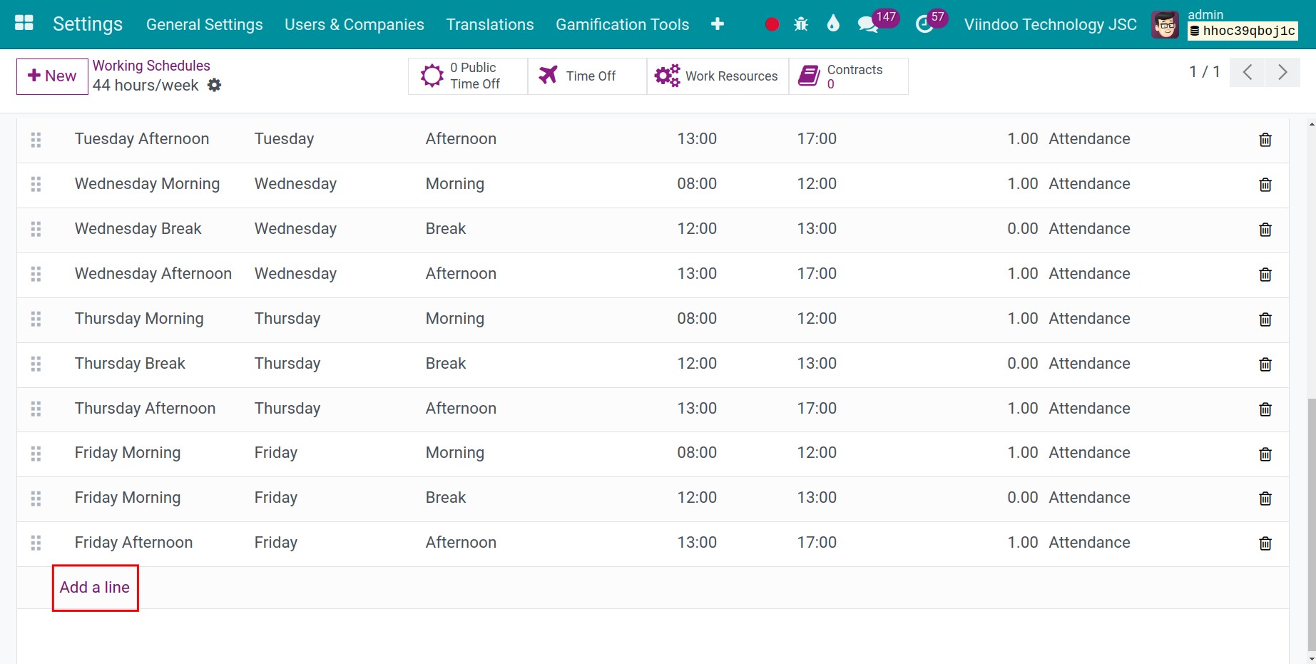 Viindoo interface of working times