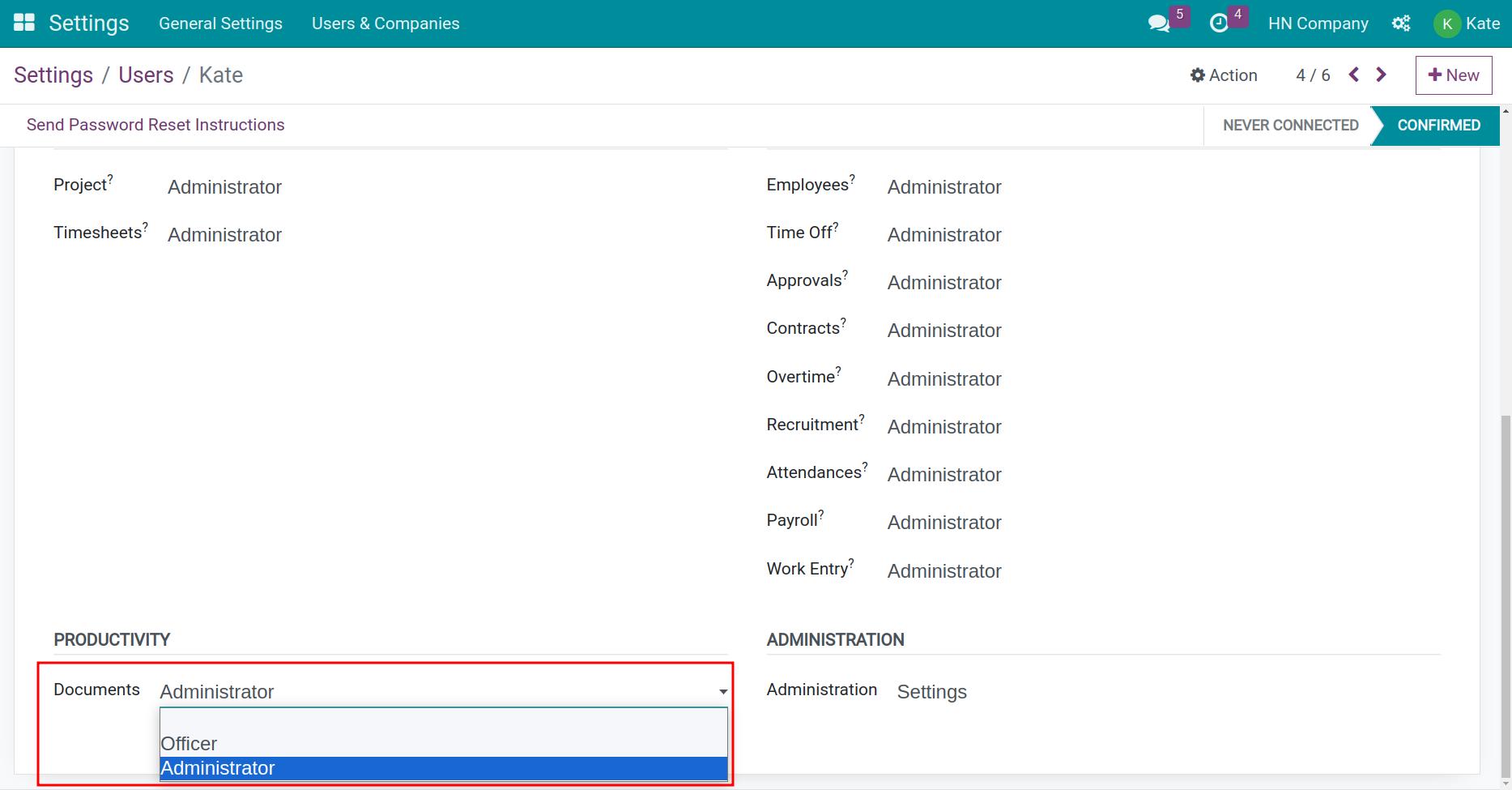 Configure access rights to Documents app