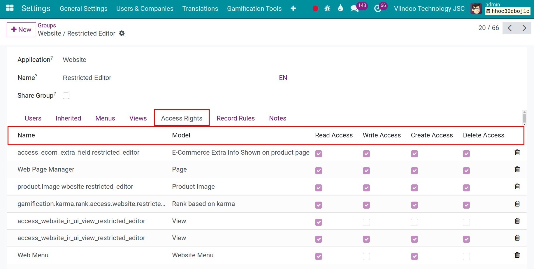 Access right of a group in Viindoo