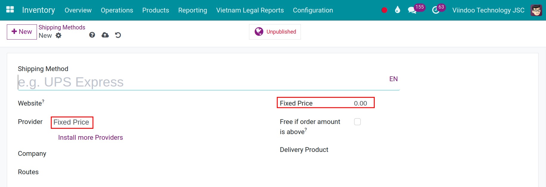 Configure fixed delivery price in Viindoo Inventory app