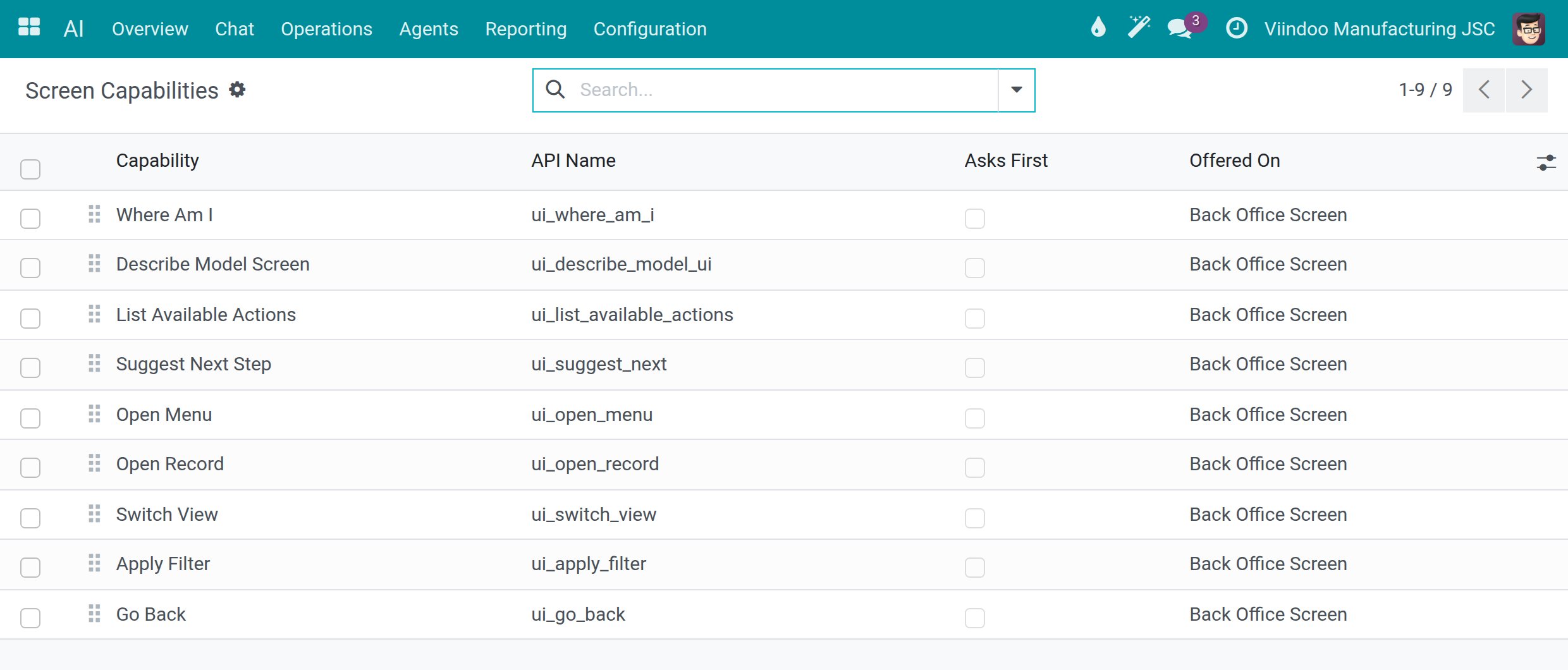 The list of screen capabilities with their API name, whether they ask first and where they are offered