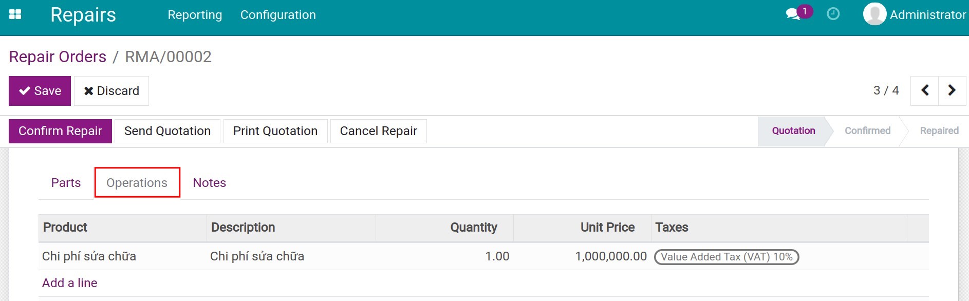 Operation tab on repair order.