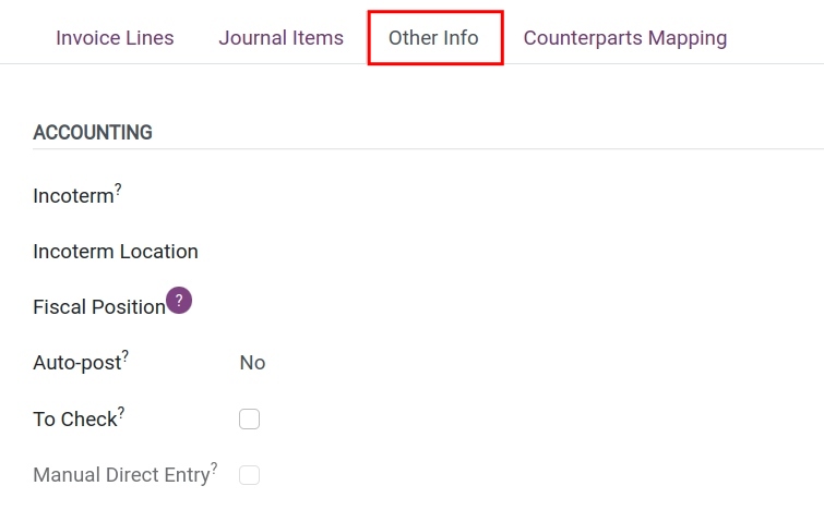 Other Info tab on Vendor bill - Viindoo accounting software