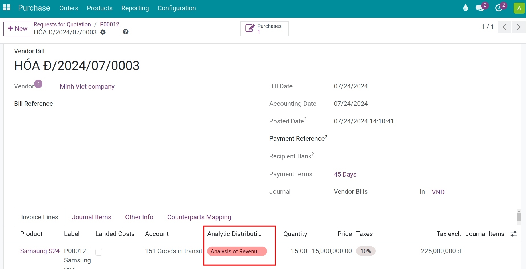 Tracking costs on a bill - Viindoo Accounting software