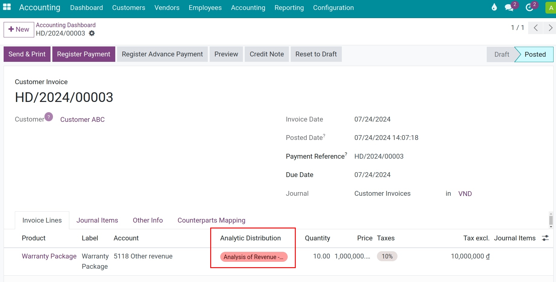 Add analytic account into customer invoice to track revenue - Viindoo Accounting app