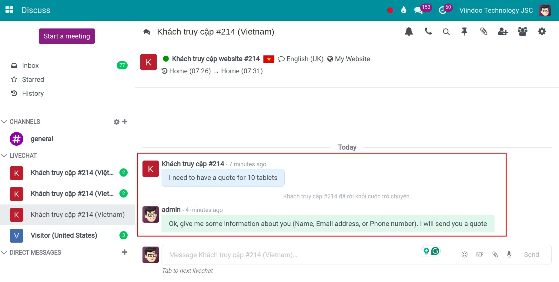 Creating an opportunity from Live Chat in Viindoo