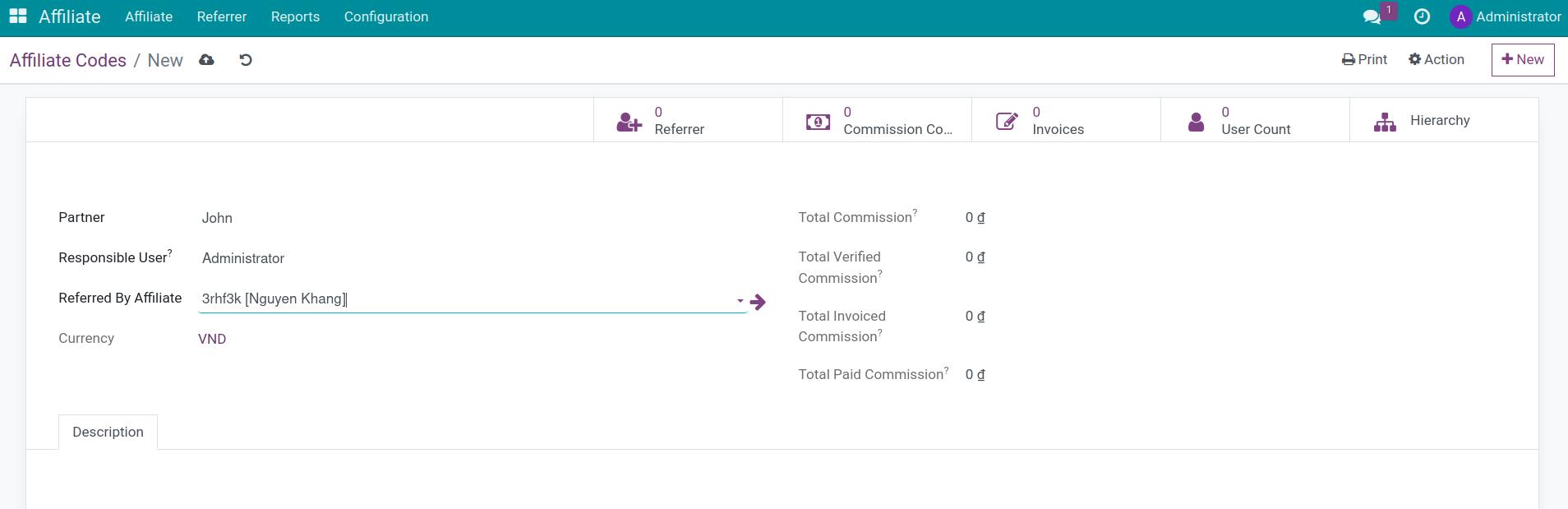 Create new affiliate code in Viindoo Affiliate