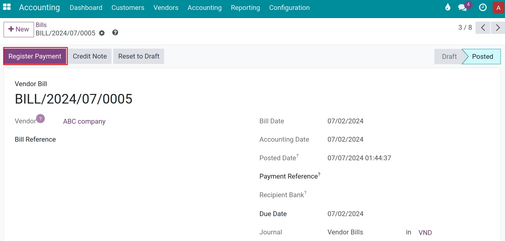 Register payment to vendor - Viindoo accounting software