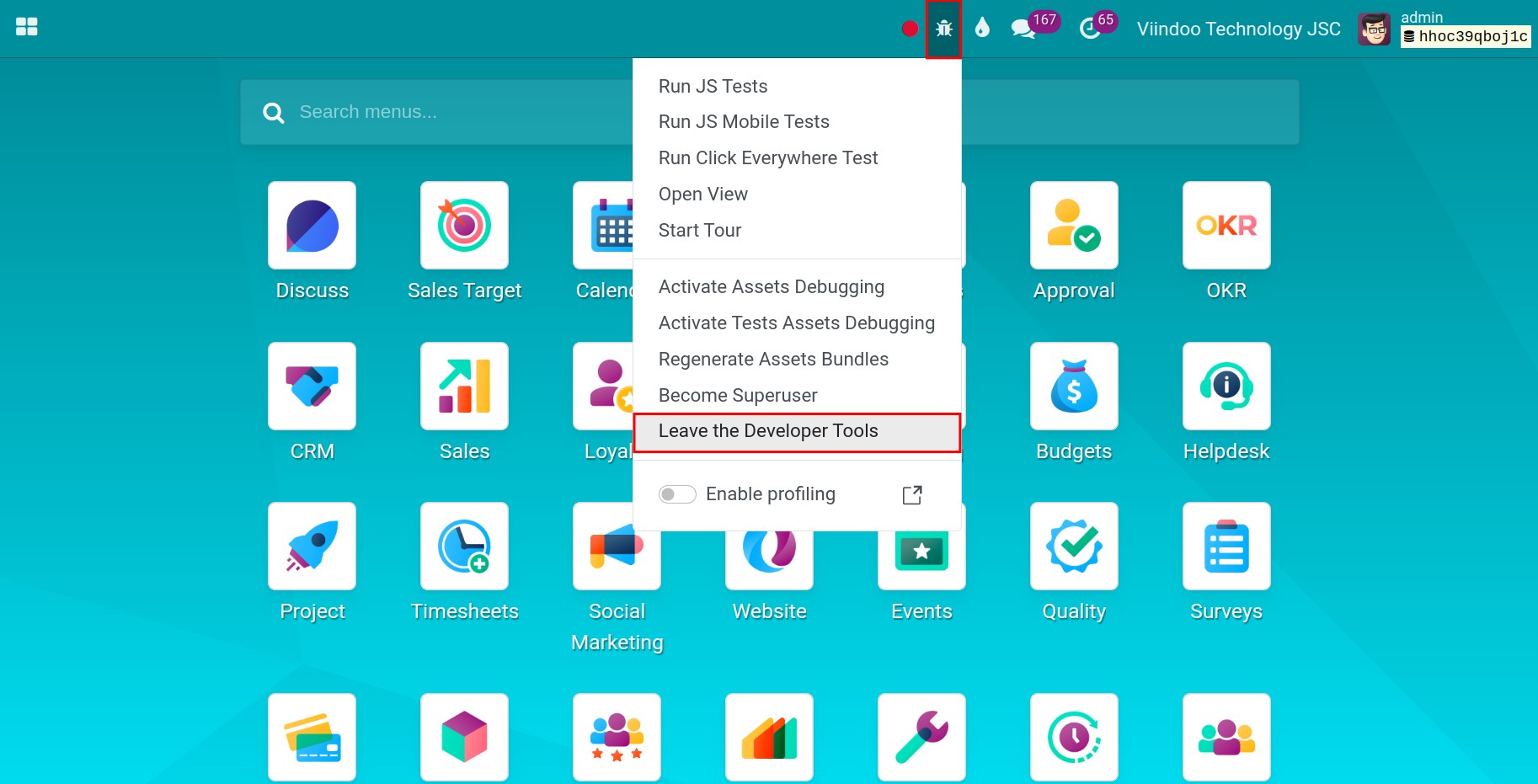 Disable Viindoo developer mode via debug icon
