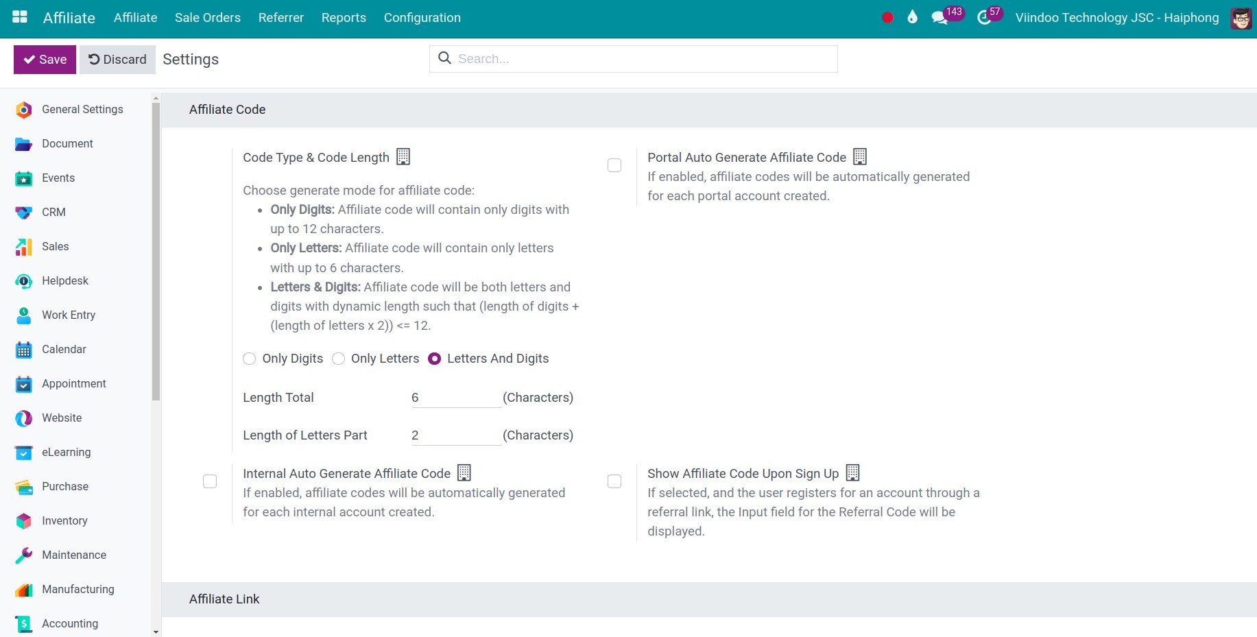 General setting Affiliate Viindoo
