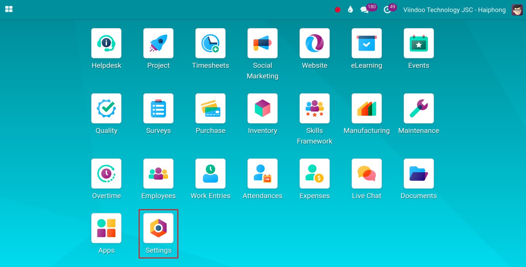 Go to Settings in Viindoo
