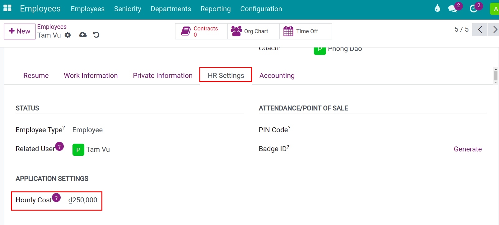 Employee settings in Viindoo app