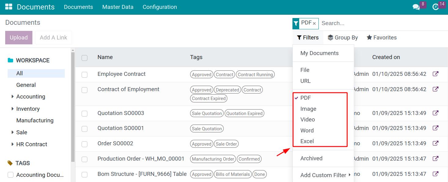 Search documents by format in Viindoo Documents app
