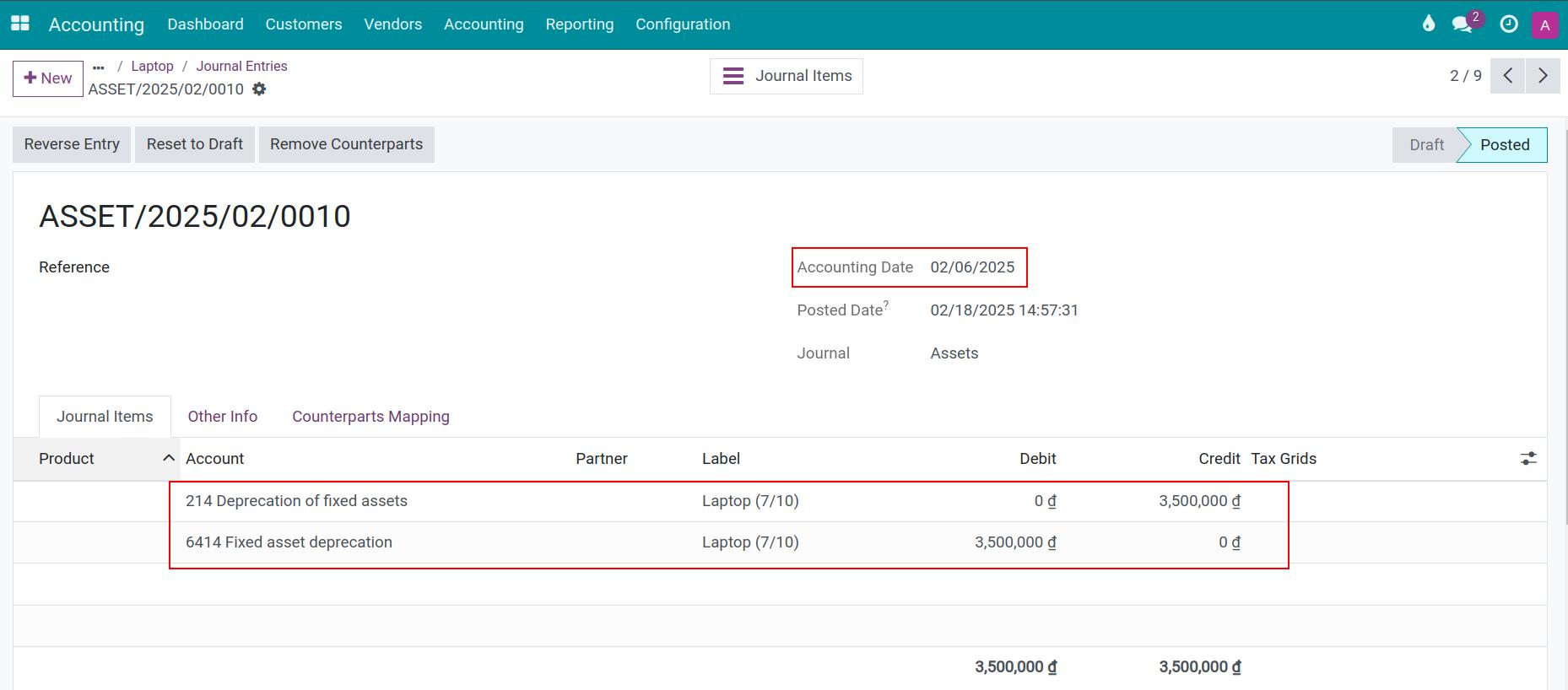 Example of recalculated depreciation value for liquidation in Viindoo