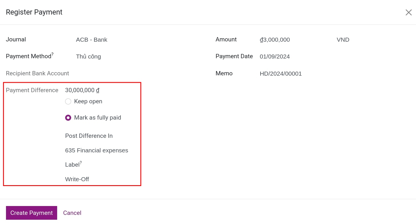 Post difference in payment - Viindoo Accounting app