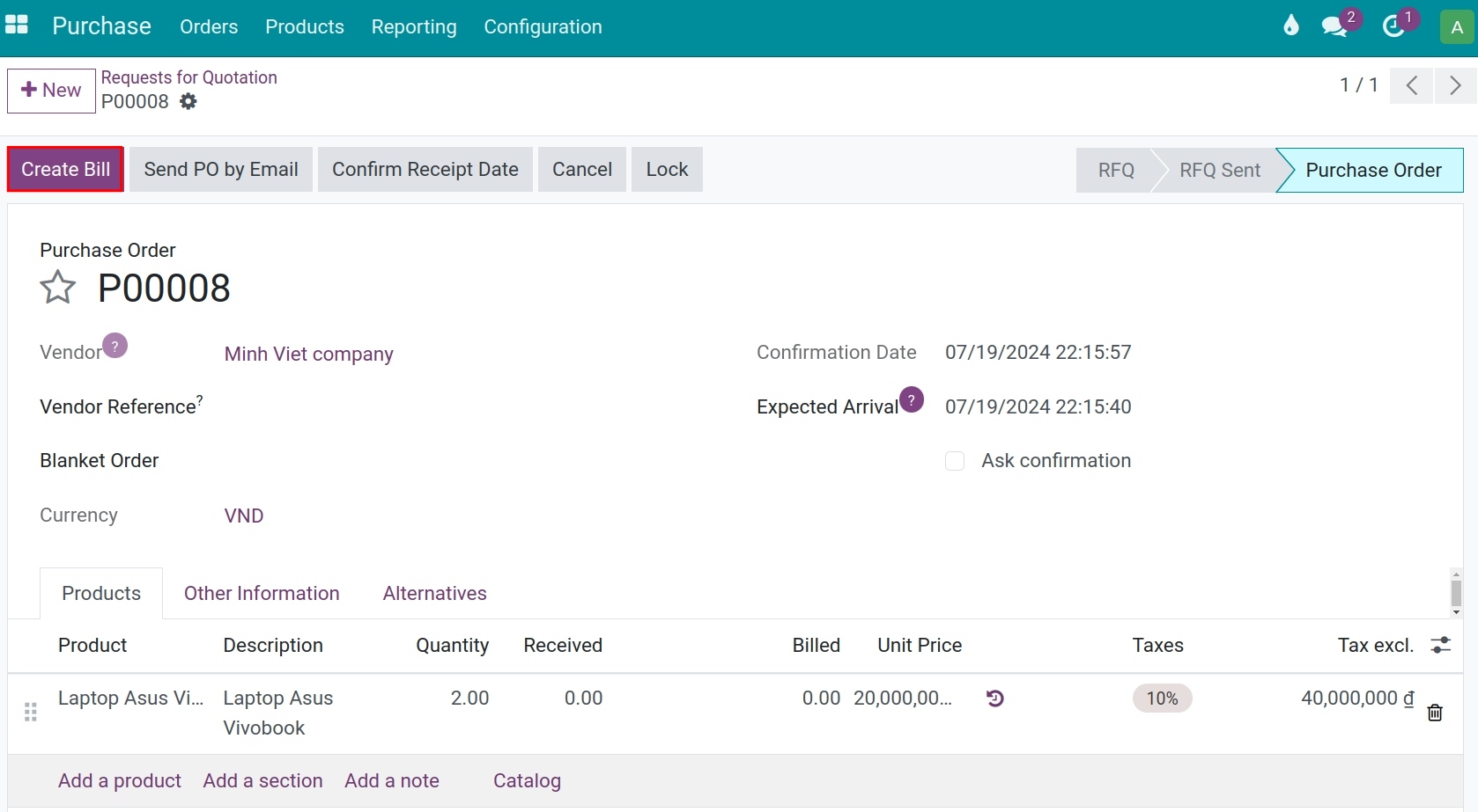 Viindoo Purchase order whose Bill control policy is On ordered quantities