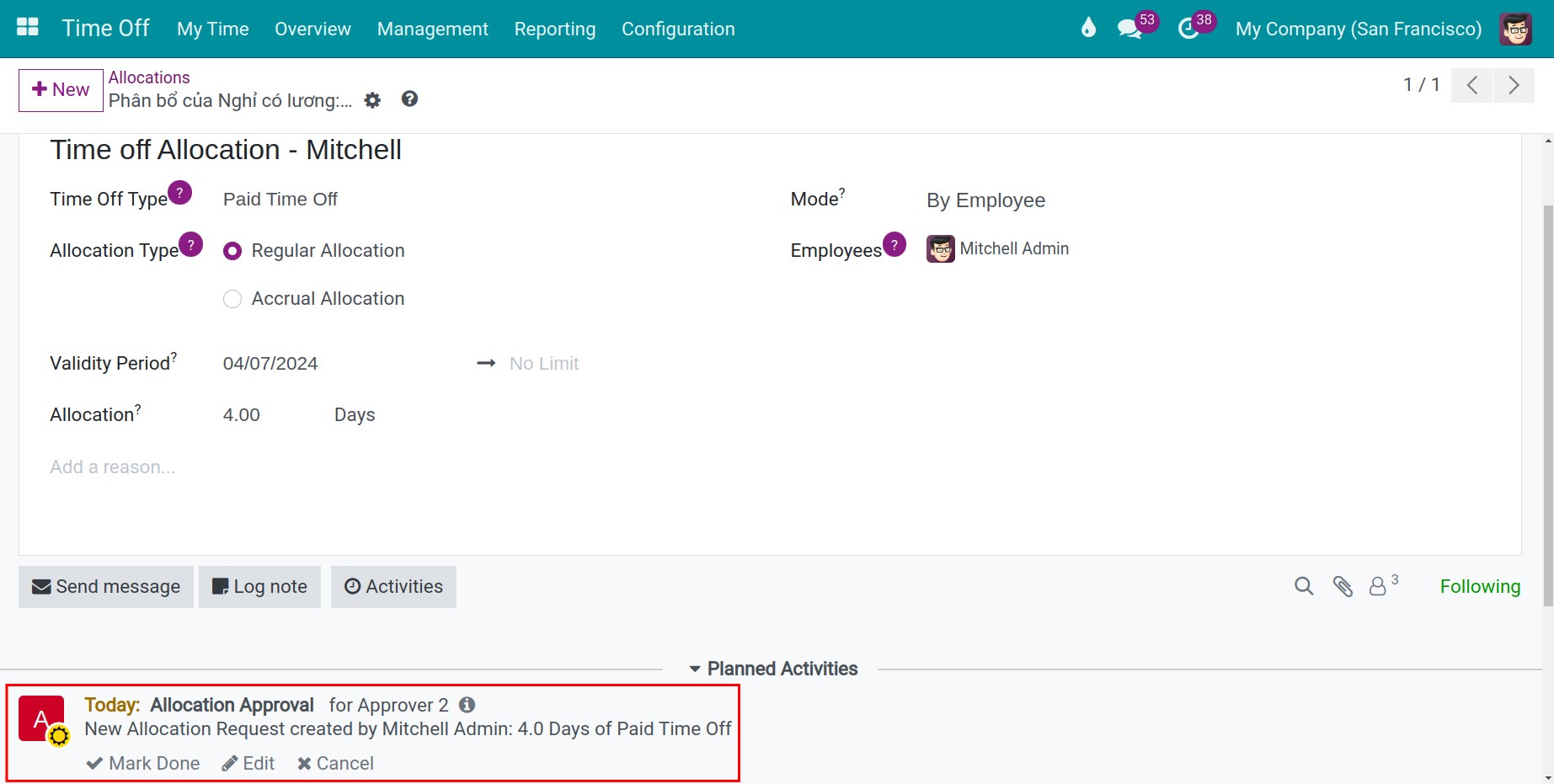 Action to announcing allocation request approval in Viindoo Time-off Management Application