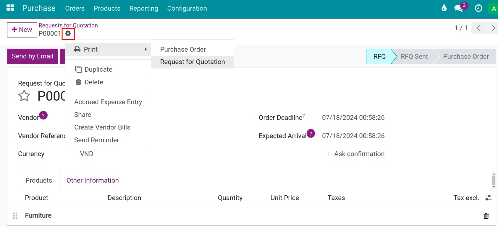 Print Request of Quotation Purchase app ERP Viindoo