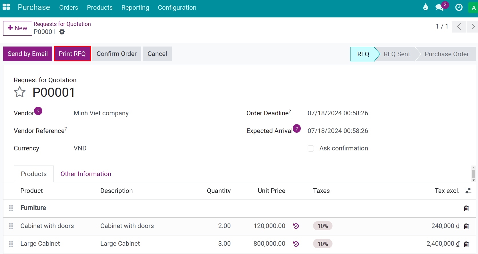 Print Request of Quotation Purchase app ERP Viindoo