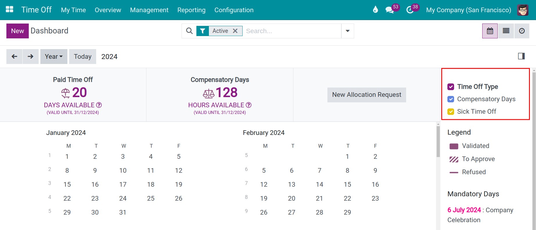 Options to view Time off type on the calendar view.