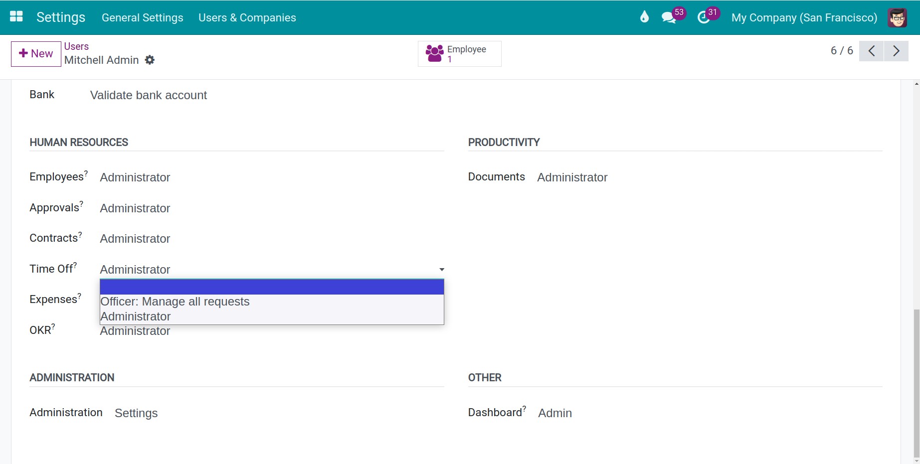 Setting the corresponding authorization in Viindoo Time off Management Application