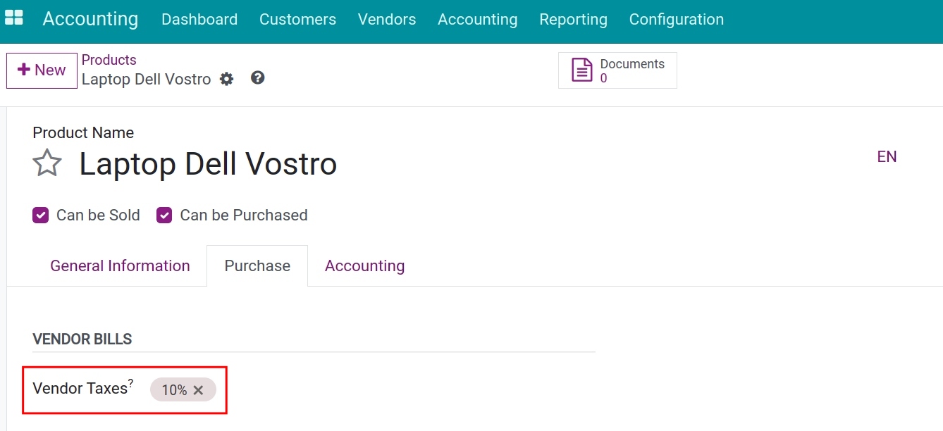Default purchase taxes in the Viindoo accounting app