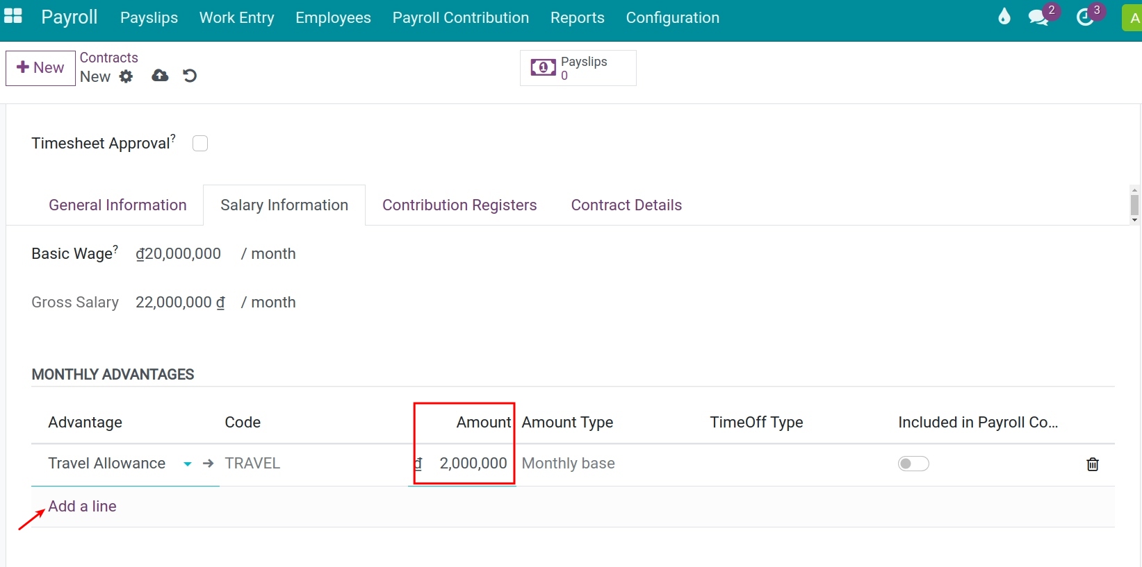 Apply the advantage amount in a CEO contract creation