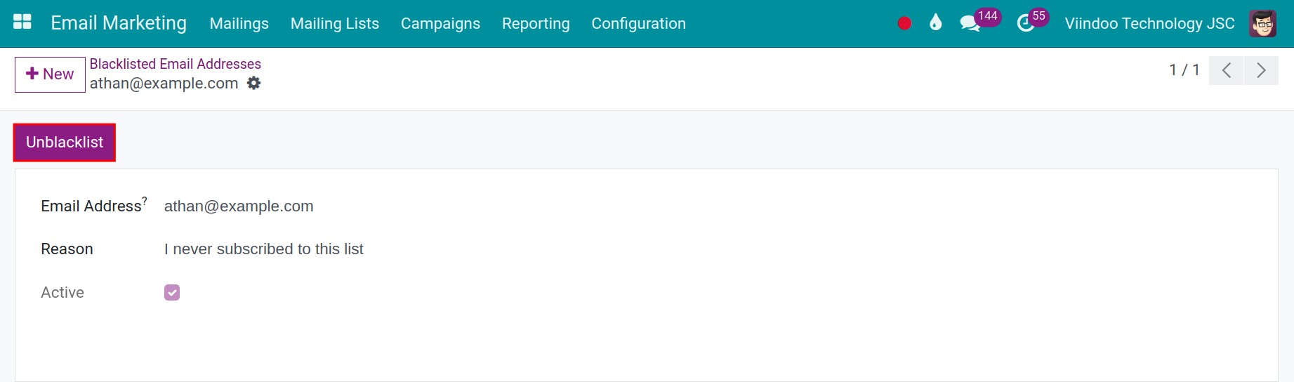 Remove an email from the blacklist