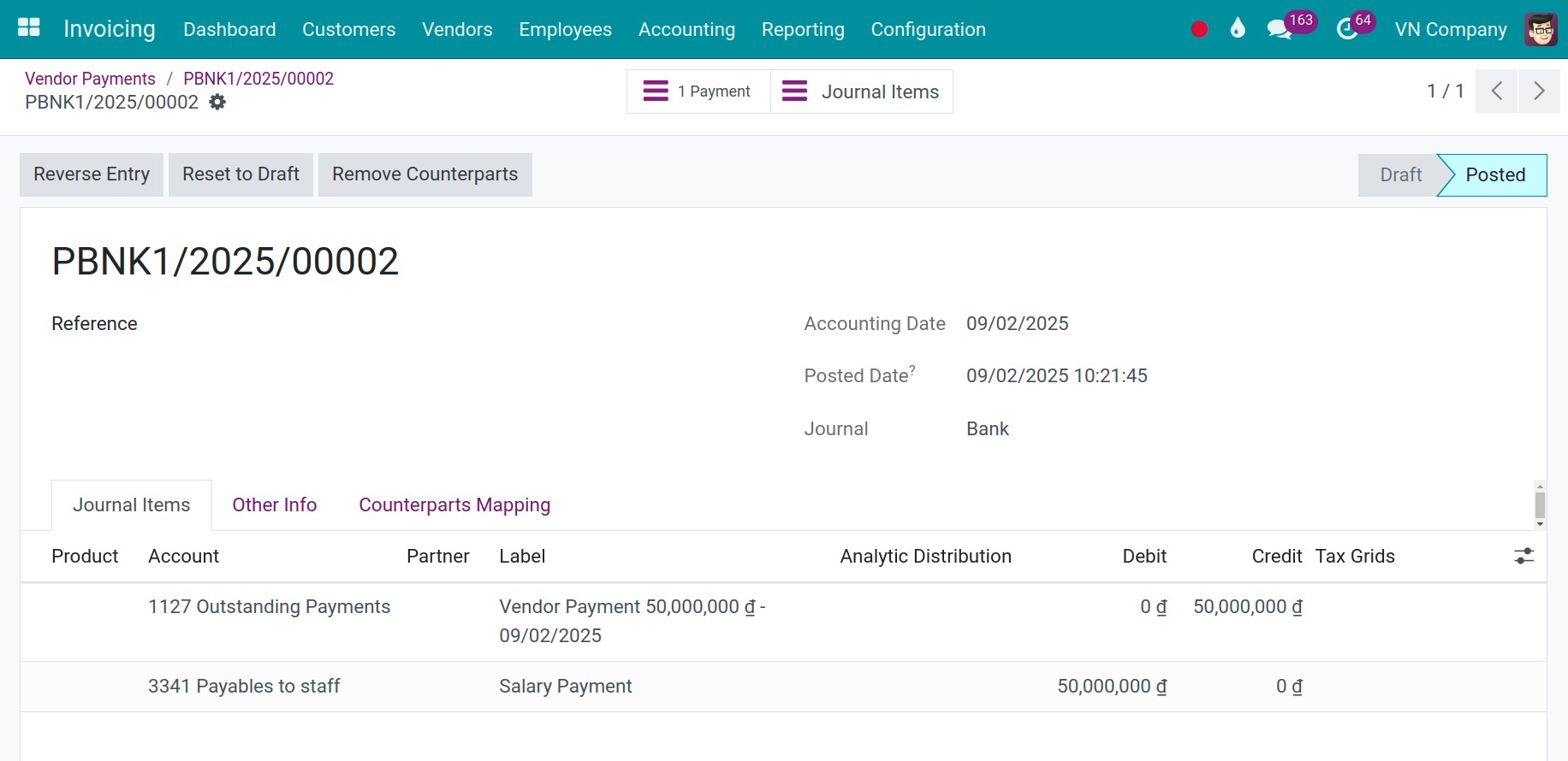 Salary payment accounting entries - Viindoo Accounting
