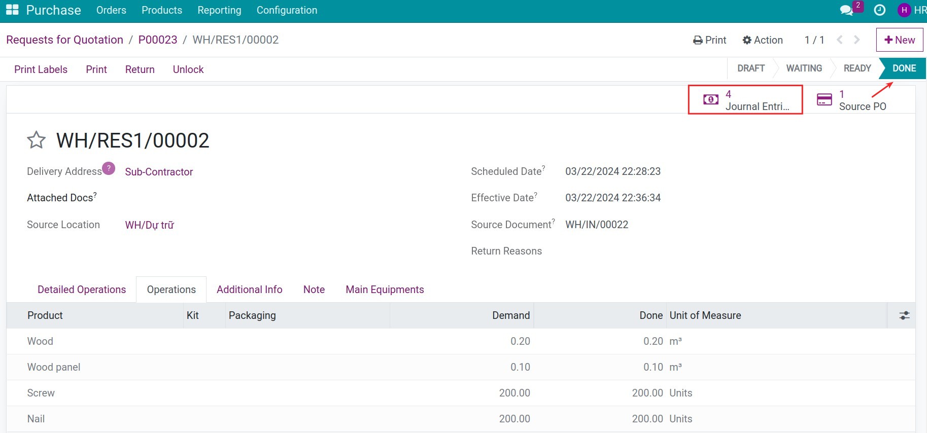 The detailed journal entries related to sending materials to sub-contractors