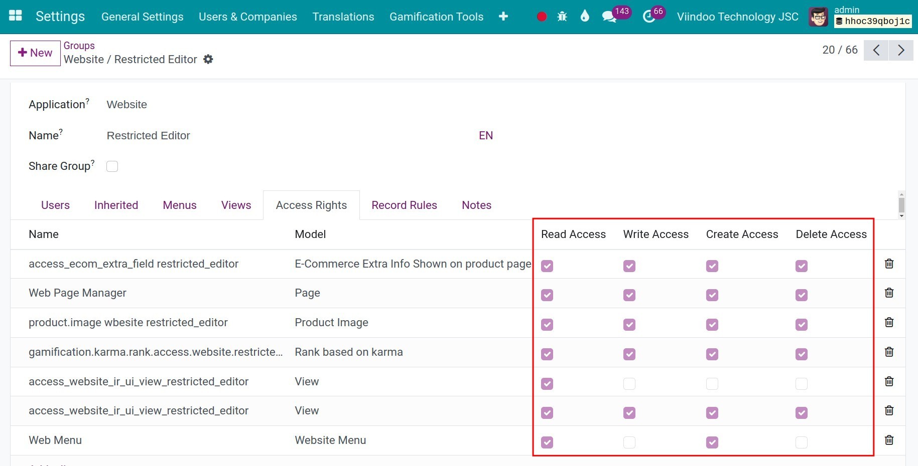 Actions access in Viindoo module