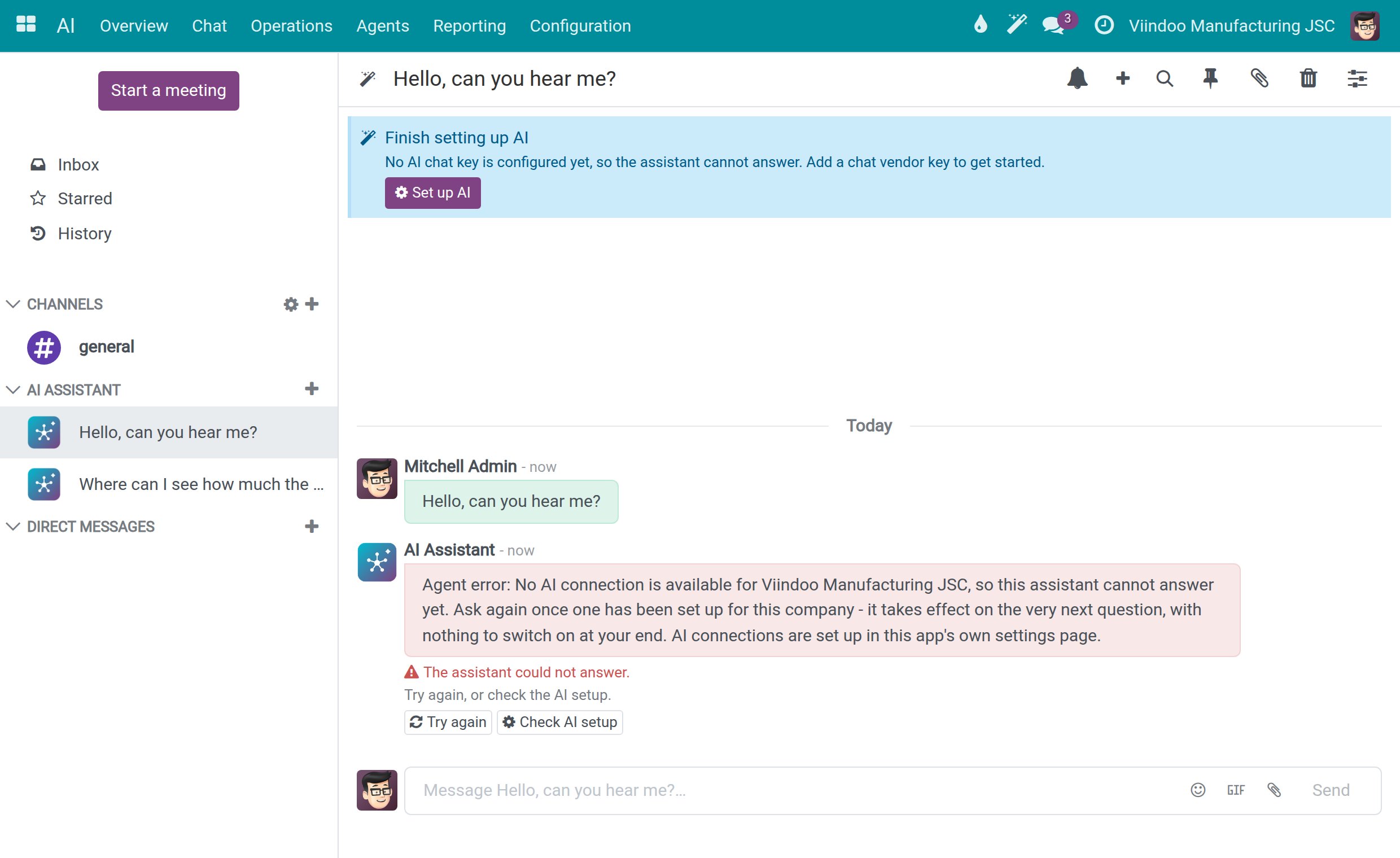 A conversation where the assistant could not answer, with the Try again and Check AI setup buttons