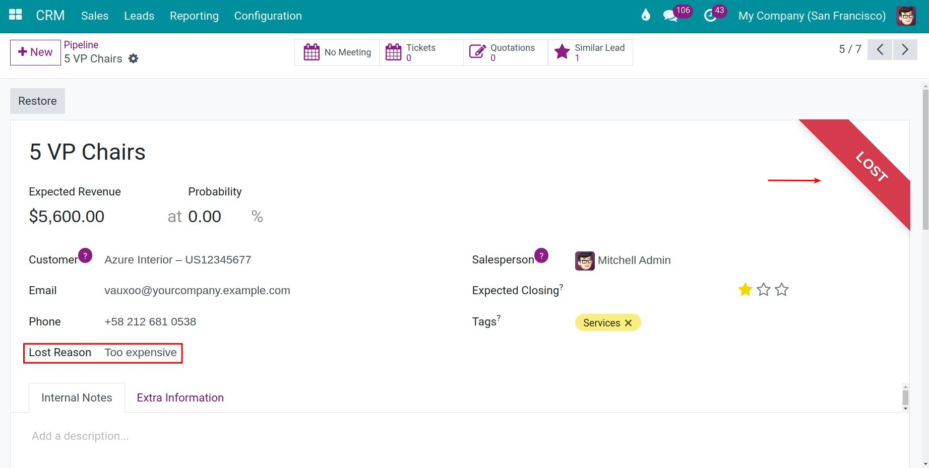 Details of lost opportunity in Viindoo CRM app