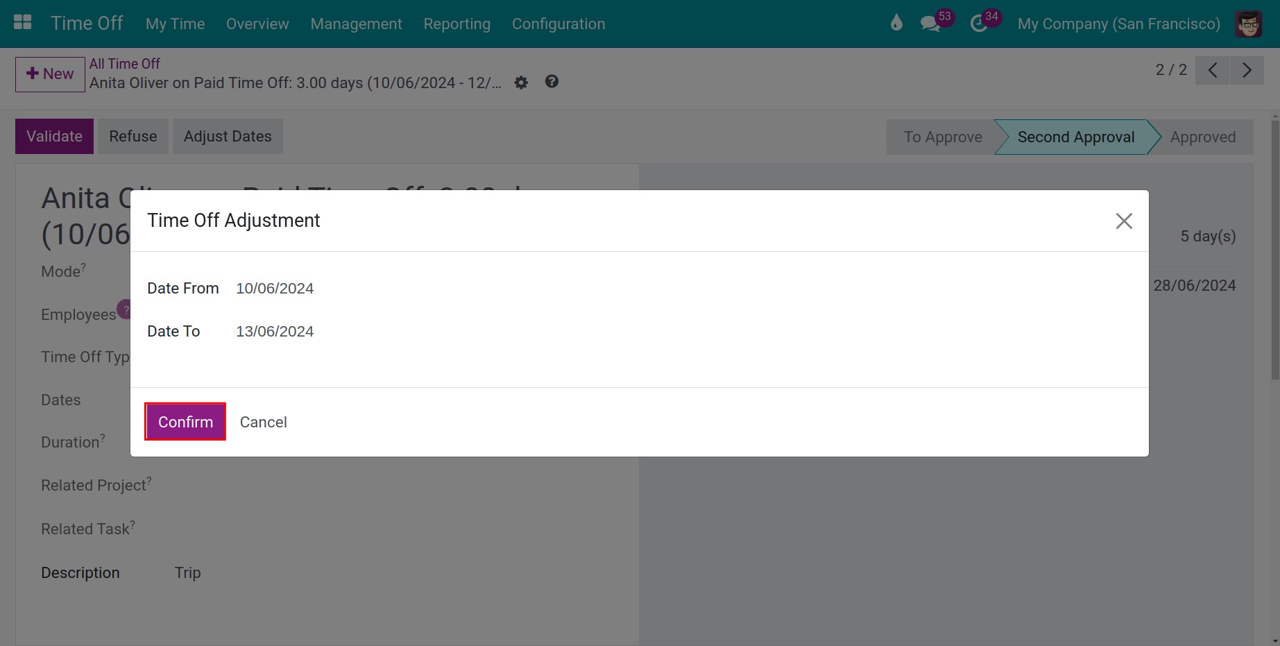 Time off list in Vindoo time off management app