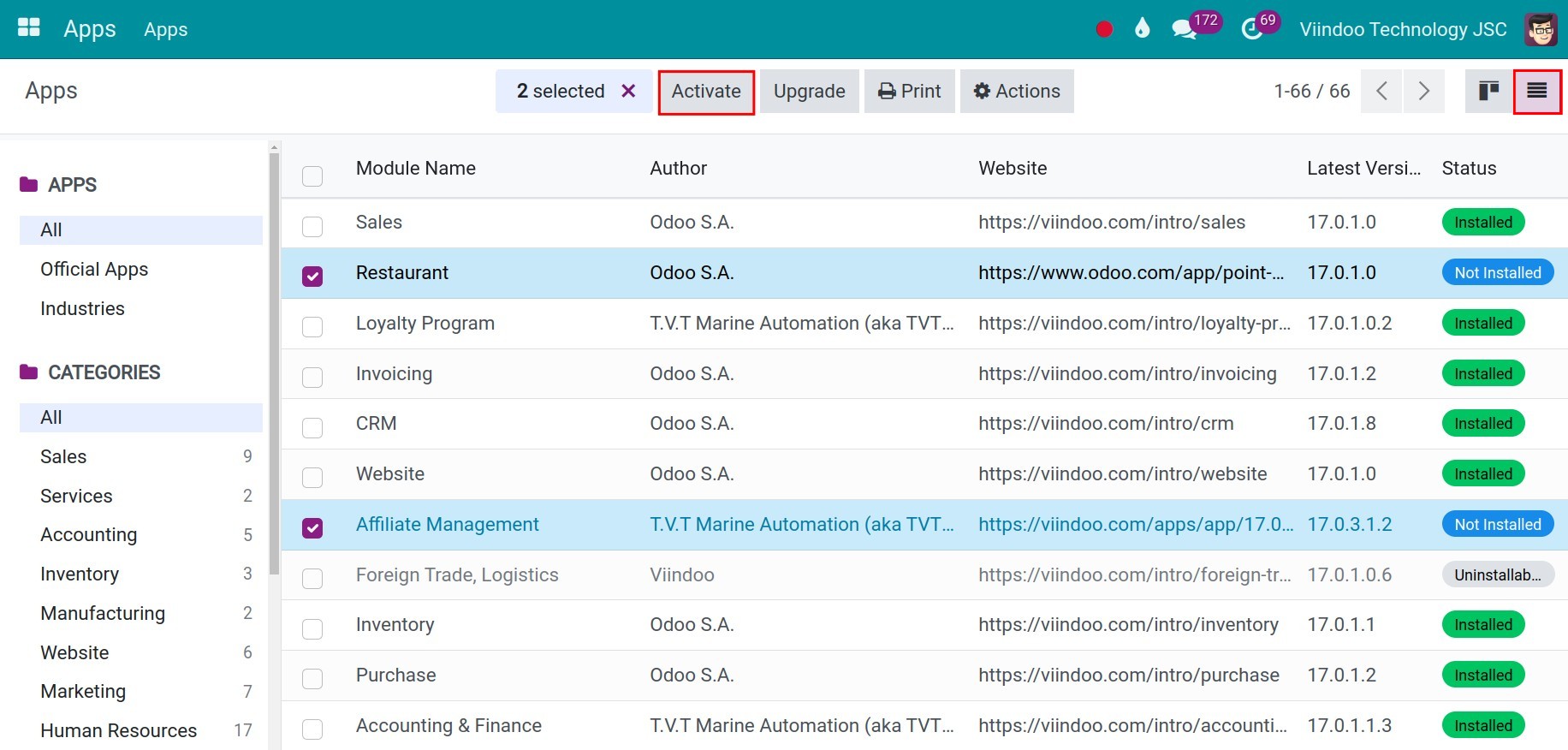 List view of Apps in Viindoo