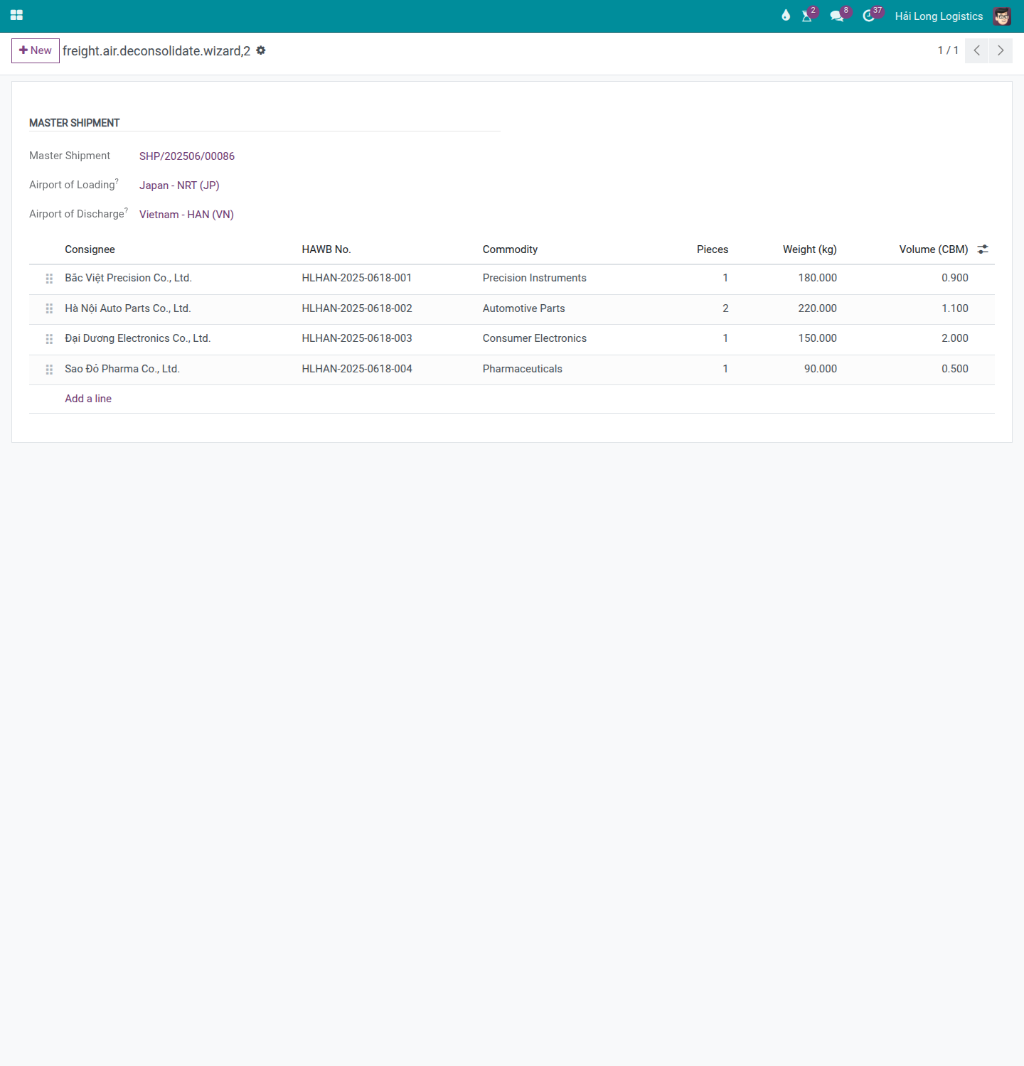 Deconsolidate wizard on the master air import shipment, used to split the master into individual house shipments for each consignee.