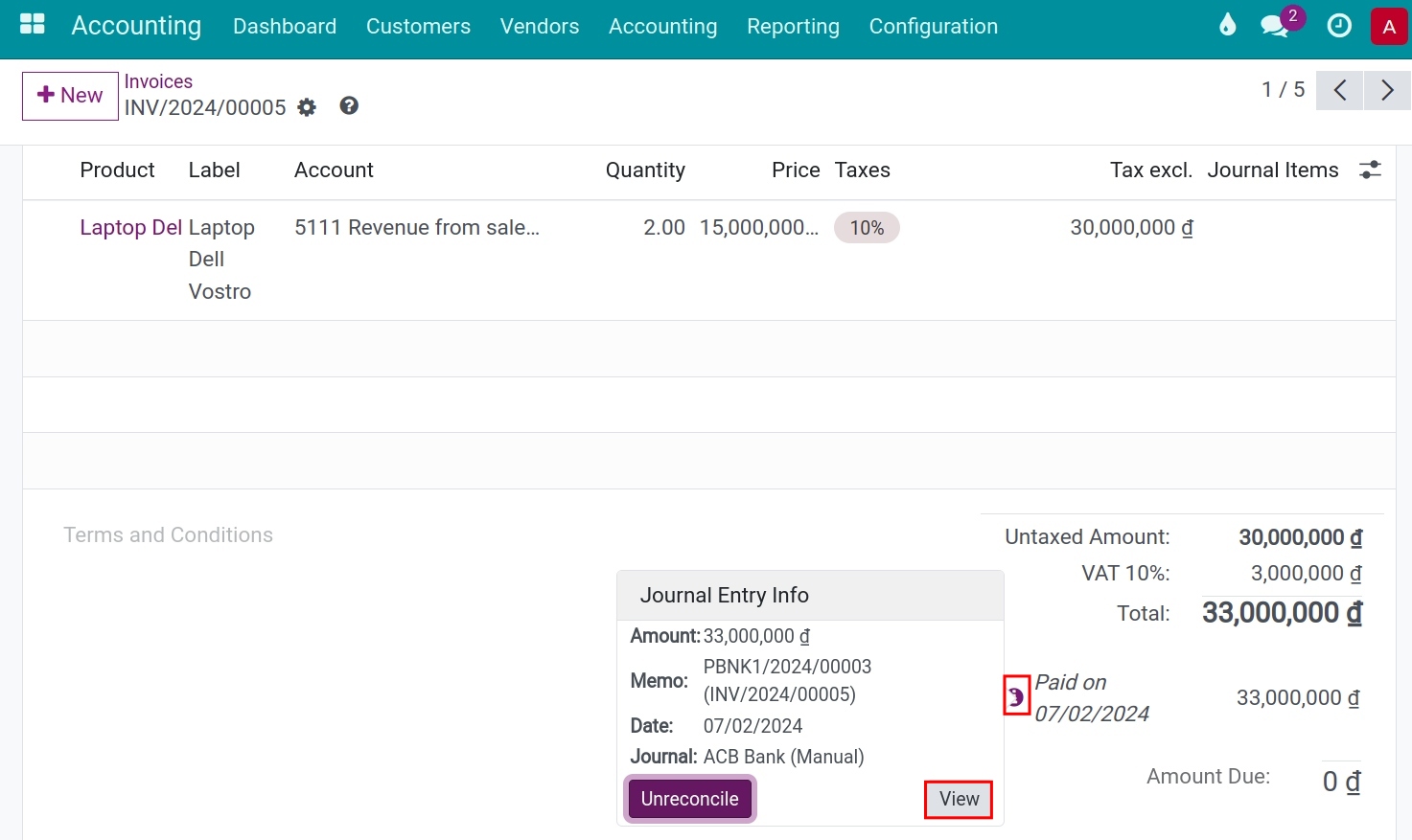 Reconcile an invoice - Viindoo accounting app