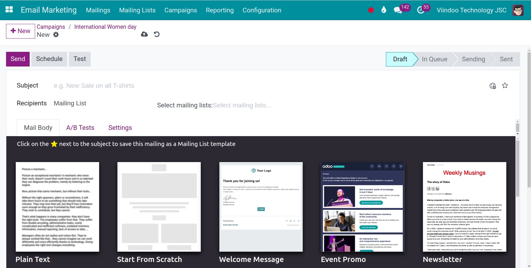 Edit the marketing email in Viindoo