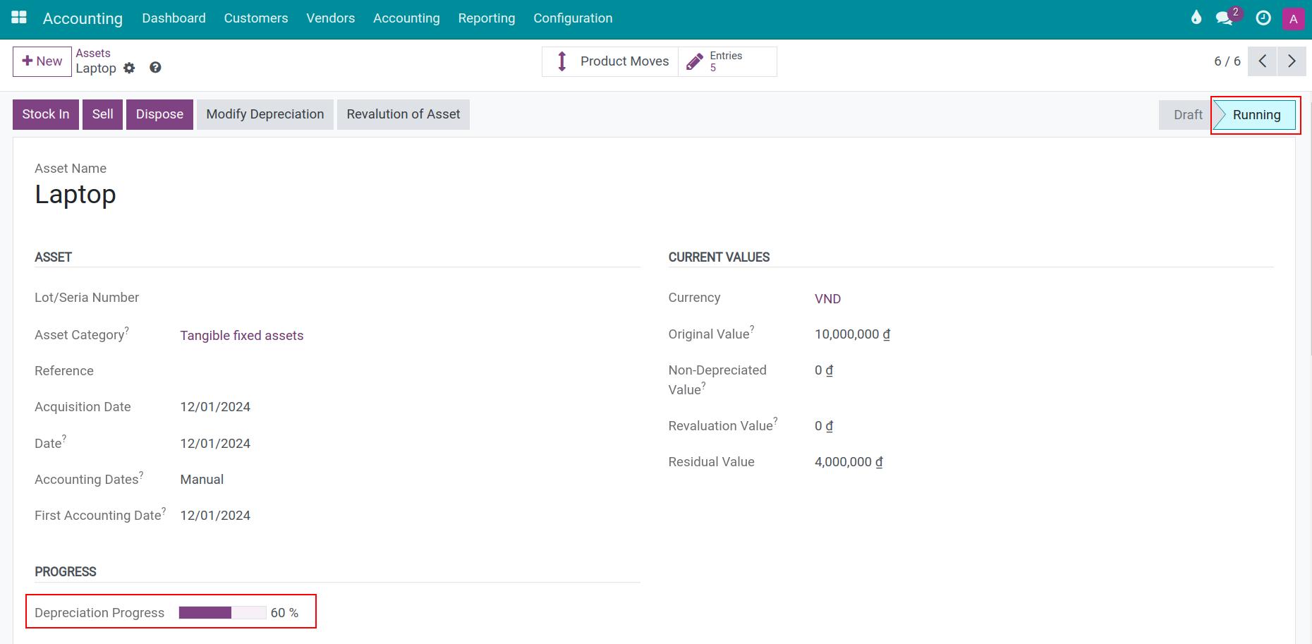 Dispose a depreciating Asset view in Viindoo accounting app