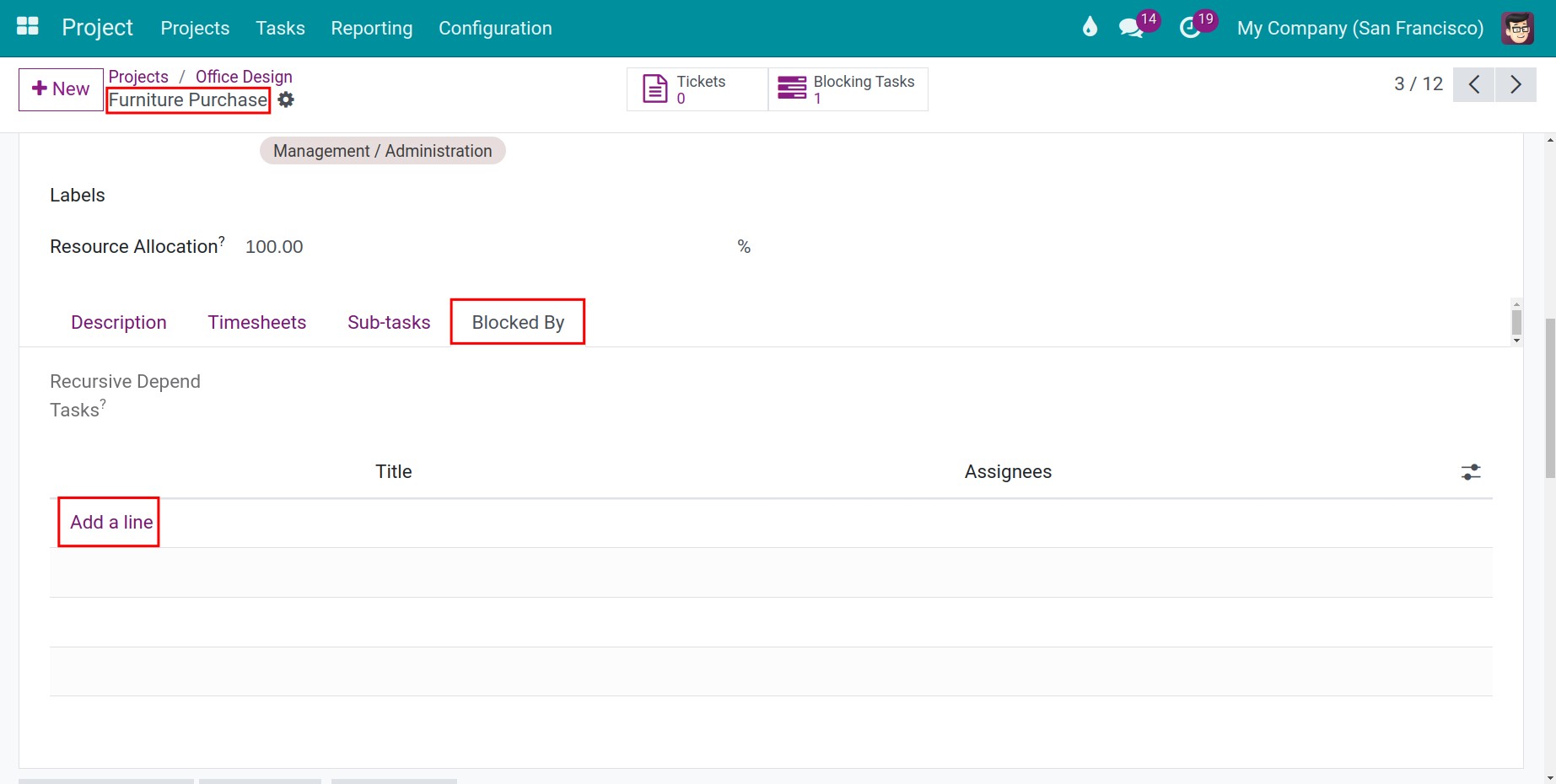 The interface for task dependencies