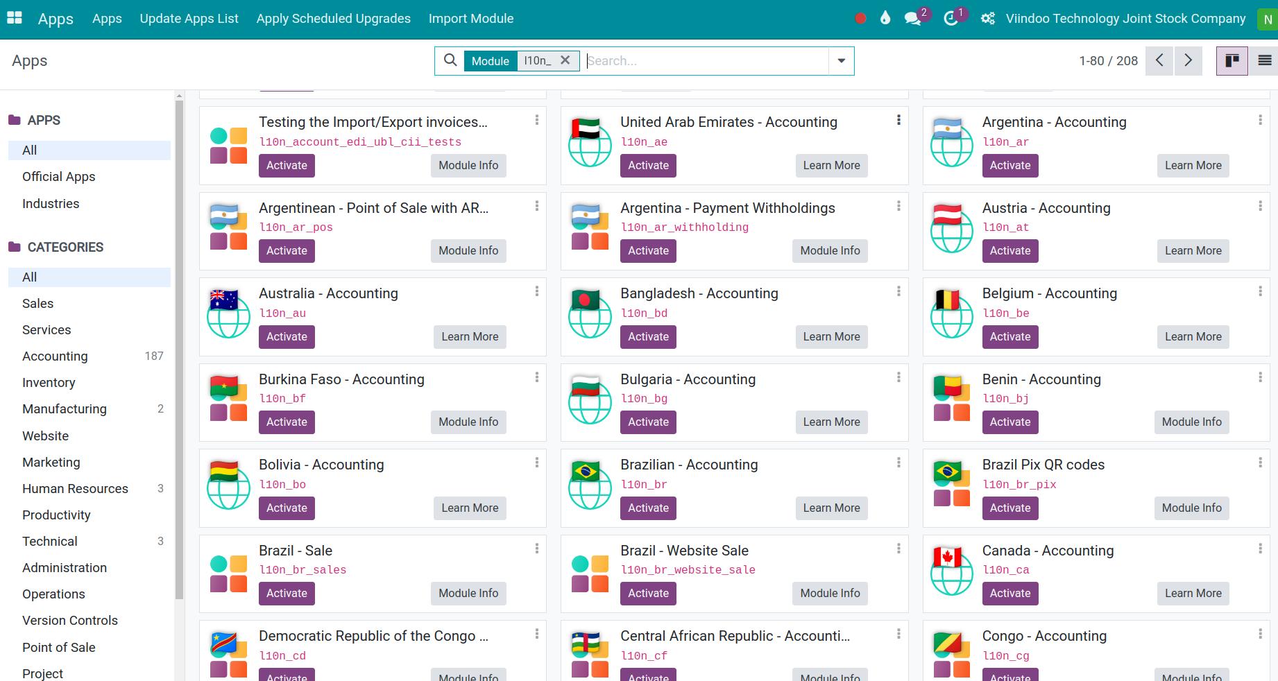 Chart of supported fiscal localization accounts in Viindoo