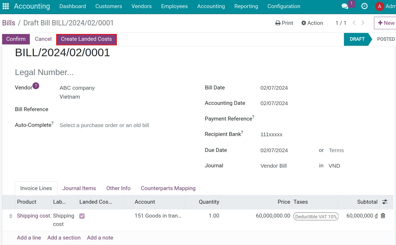 The bill of shipping cost - Viindoo Accounting